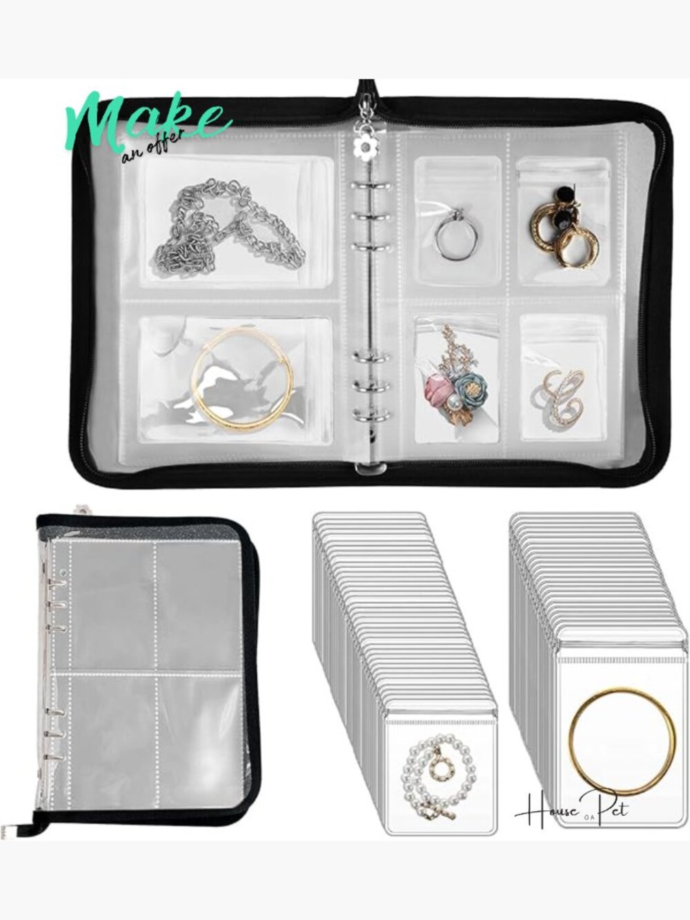 Travel Jewelry Organizer Book 120 Grids with 75 PVC Zipper Bags